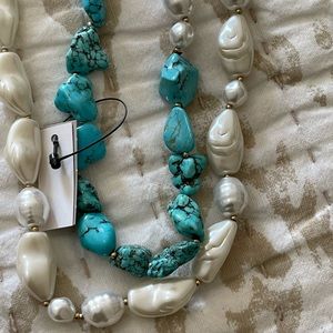 THREE STUNNING TURQUOISE AND PEARL COLORED BEAD NECKLACES.  EXTRA LONG NWT!